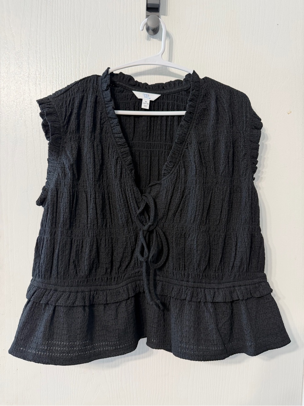 Time and Tru Black Textured Peplum Tie-Front Blouse